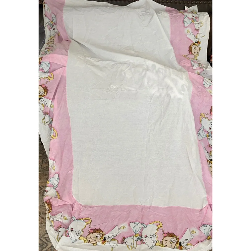 Vintage Disney Beauty and the Beast Twin Flat Sheet Mrs Potts Lumiere Pink White
